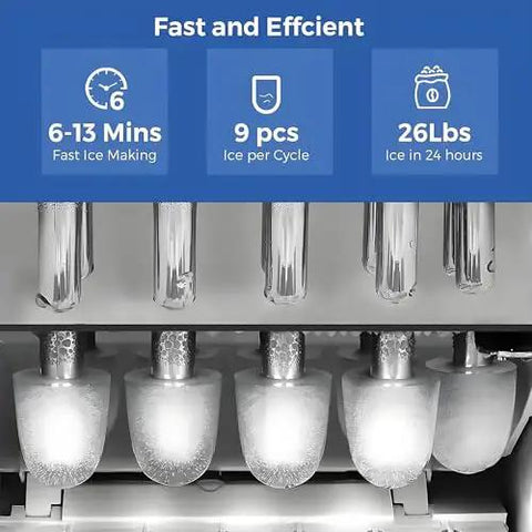 Kick Ass Portable Countertop Ice Maker Machine features ice production details showing bullet ice with quick 6-13 minute cycle.