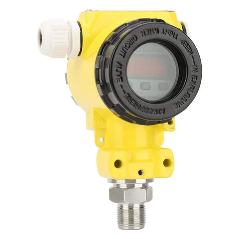 Front view of Explosion-Proof Rugged Pressure Transducer 0-100 MPa, 4-20mA Output, LCD Readout, Heavy-Duty Sensor with stainless steel ports