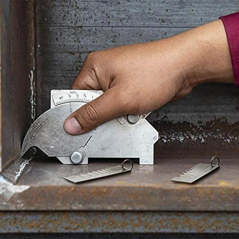 Person using Versatile Metal Thickness Gauge For Welding And Sheet Metal on a metal surface, showcasing its portable design and functionality.