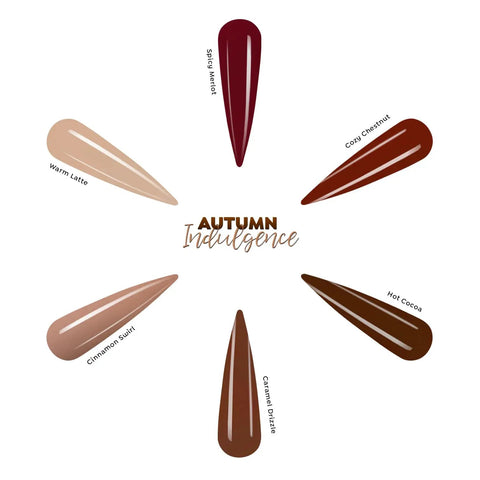 Autumn Indulgence Acrylic Nail Powder Set 6 Pc 1.5 Oz Each Fall Collection color swatches in a circular layout