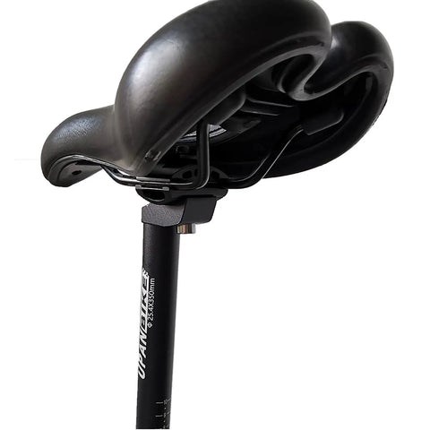 Extra Long 45cm Bike Seatpost With Micro Adjust Clamp For 27.2mm Frame shown attached to black saddle, side view.