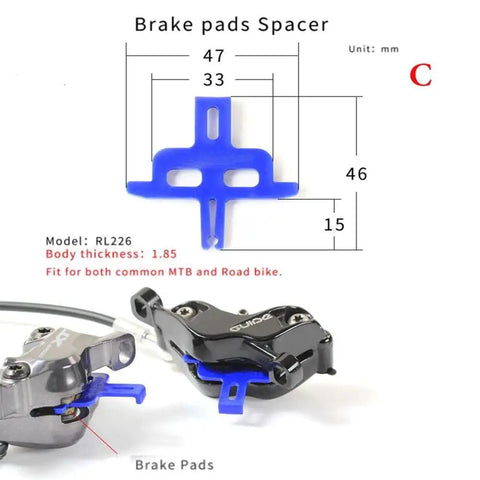 Must Have 9 Pack Bike Brake Pad Spacers Set Universal Hydraulic Disc Brake Bleed Block For Shimano 2 4 Piston Calipers AVID SRAM Tektro TRP Keeps Pads Separated During Install And Wheel Off Transport, image showing blue spacer model C with size dimensions and brake pads. Bicycle disc brake compatibility.