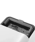 Top view of Real Deal Fully Automatic Espresso Machine With Durable Steel Burr Grinder, water reservoir, sleek matte white.