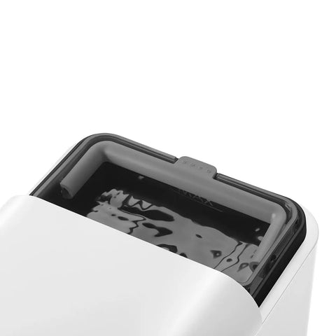 Top view of Real Deal Fully Automatic Espresso Machine With Durable Steel Burr Grinder, water reservoir, sleek matte white.