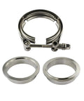 Three Inch V Band Exhaust Clamp With Flange Stainless Steel For 3 Inch Exhaust Piping Designed For Easy Slip In Recessed Opening Weld Overlap Gasket Free Seal Male And Female Flange Connection, showing clamp and flanges