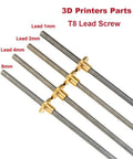 Beefy T8 Trapezoidal Lead Screw For 3D Printers Tough Stainless Steel Rod With Copper Nut Choose 1mm Or 2mm Pitch Lead Options 1mm 2mm 4mm 8mm Lengths 100mm To 600mm In 50mm Steps Includes One Rod And One Copper Nut. T8 lead screw set with copper nuts, showing 1mm, 2mm, 4mm and 8mm lead options