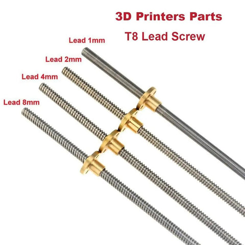 Beefy T8 Trapezoidal Lead Screw For 3D Printers Tough Stainless Steel Rod With Copper Nut Choose 1mm Or 2mm Pitch Lead Options 1mm 2mm 4mm 8mm Lengths 100mm To 600mm In 50mm Steps Includes One Rod And One Copper Nut. T8 lead screw set with copper nuts, showing 1mm, 2mm, 4mm and 8mm lead options