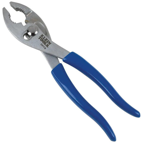 8-Inch Slip-Joint Pliers With Shear-Type Cutter for Precise Wire Cutting, serrated jaws, nickel-chrome finish, blue handles