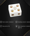 Front view of white porcelain ceramic 2-way terminal block with screw terminals for electrical wiring