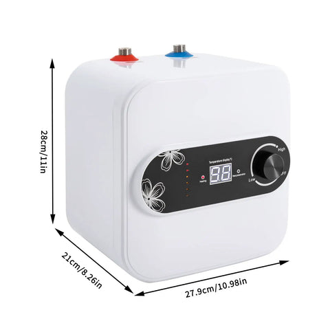 Instant Hot Water Under Sink Heater 2.1 Gallon Tank With 1500 Watts features digital display and temperature dial.