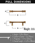 Antique Brass Cabinet Handles 3 Inch Center to Center Rustic Drawer Pulls dimensions and weight, shown in diagram.