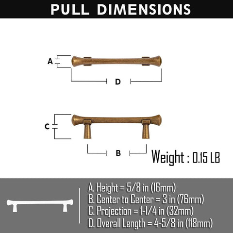 Antique Brass Cabinet Handles 3 Inch Center to Center Rustic Drawer Pulls dimensions and weight, shown in diagram.