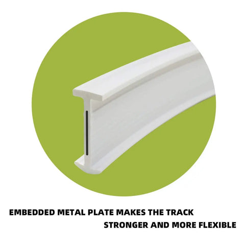 Flexible Ceiling Curtain Track System For Ceiling Mounted Sliding Rail Made For Quick No Sweat Install 8ft Track With All Hardware Cut To Size With Hacksaw Heavy Duty Metal Plate For Strong Lateral Support And Smooth Quiet Curtain Movement. White flexible ceiling curtain track with embedded metal plate