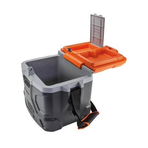 Heavy Duty Work Cooler And Lunch Box That Keeps Cold Up To 30 Hours, 17 Quart Capacity For 18 Cans, Holds 300 Pounds And Doubles As A Sturdy Seat, Rugged Tradesman Pro Tough Box With Full Size Lid shown open with tray visible.
