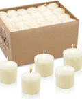 Eight-Hour Smokeless Dripless Ivory Votive Candles Bulk Pack Of 72 Sticks, 1.25 Inch, with box and lit candle close-up