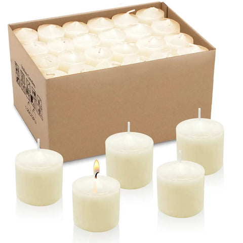 Eight-Hour Smokeless Dripless Ivory Votive Candles Bulk Pack Of 72 Sticks, 1.25 Inch, with box and lit candle close-up