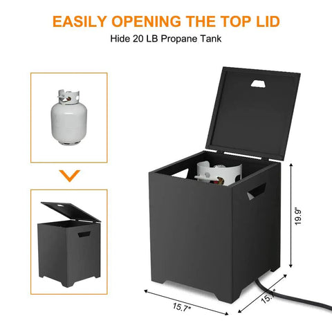 Propane Tank Hideaway Table For 20Lb Tank, stainless steel outdoor 15.7 inch black cylinder cover with opened lid revealing tank inside