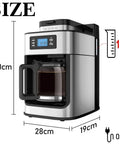 Top Tier Electric Coffee Machine And Automatic Milk Frother For Hella Smooth Cappuccinos showing dimensions 30cm height, 28cm width, stainless steel finish.