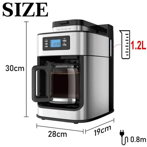 Top Tier Electric Coffee Machine And Automatic Milk Frother For Hella Smooth Cappuccinos showing dimensions 30cm height, 28cm width, stainless steel finish.