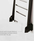 18 Inch SlimLine Folding Wall Mount Shower Bench Seat With White Phenolic Seat And Matte Black Frame in folded position