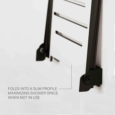 18 Inch SlimLine Folding Wall Mount Shower Bench Seat With White Phenolic Seat And Matte Black Frame in folded position