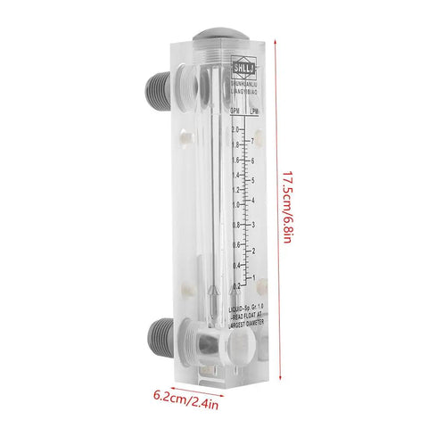 Glass Panel Liquid Flow Meter For Water 0.2-2 GPM And 1-7 LPM with clear dial and glass body showing measurement scale