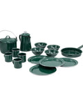 Forest Green 16 Piece Camping Gear Kit With Mugs Plates Bowls Frying Pan Percolator And Pot Lids Enameled Steel Lightweight Durable