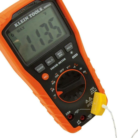 Front view of Klein Tools digital multimeter with orange housing and yellow thermocouple probe