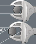 Self Setting Double Open End Wrench Set in action gripping a bolt at two angles, illustrating versatility of 10-13 mm and 16-19 mm sizes