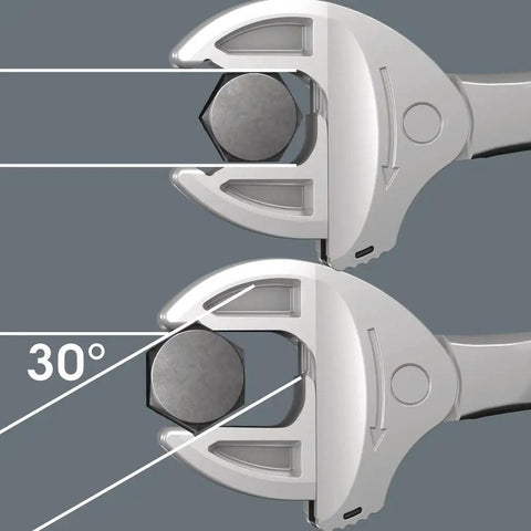Self Setting Double Open End Wrench Set in action gripping a bolt at two angles, illustrating versatility of 10-13 mm and 16-19 mm sizes