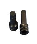 Close-up of two black sockets from Nine Piece Torx Plus Impact Socket Set With Six Point Bits Three Inch Long One Half Inch Square Drive Drop Forged