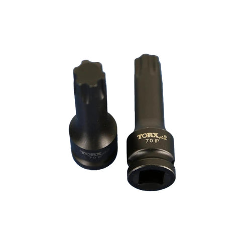 Close-up of two black sockets from Nine Piece Torx Plus Impact Socket Set With Six Point Bits Three Inch Long One Half Inch Square Drive Drop Forged