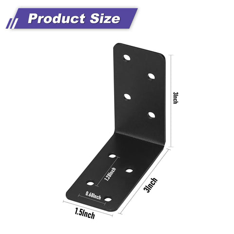 20 Pack Heavy Duty Steel L Brackets 3x3x1.5 Inch Black Powder Coated 90 Degree Right Angle Joist Shelf Brackets with size dimensions