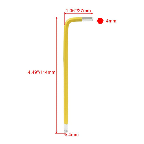 4mm Yellow Ball End Allen Wrench Set, 25 Degree Angled Metric Hex Keys, Pro Grade S2 Alloy Steel, 4 Piece Kit With Short 27mm Handles And 114mm Overall Length, Heat Treated For Durability - with dimensions labeled on wrench