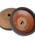 Rock Solid Resin Polishing Wheel For Glass Beveling Machines With 360 Grit And 150mm Size, showcasing dual sides and perforations.