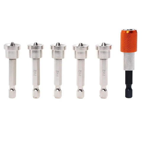 Kickass Six Piece PH2 Magnetic Drywall Screw Bit Set With Exact Depth Stop Collar For Sheetrock Gypsum Plasterboard Heavy Duty Professional Grade Install Tool Kit showing six precision PH2 bits and quick change sleeve.