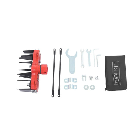 Cultivator Tool With Four Tooth Weeding Wheel And Tool Bag Multi Function Grass Remover Attachment laid out with toolkit