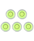 Round Bubble Level, 5-Pack for acrylic for spirit Gauge in a group of five, featuring bright green levels with black circles.