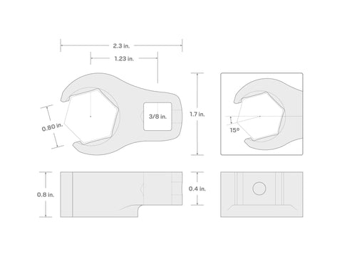 Technical drawing of 3/8 Inch Drive To 1-1/16 Inch 6 Point Flare Nut Crowfoot Wrench WCF15227 with measurements