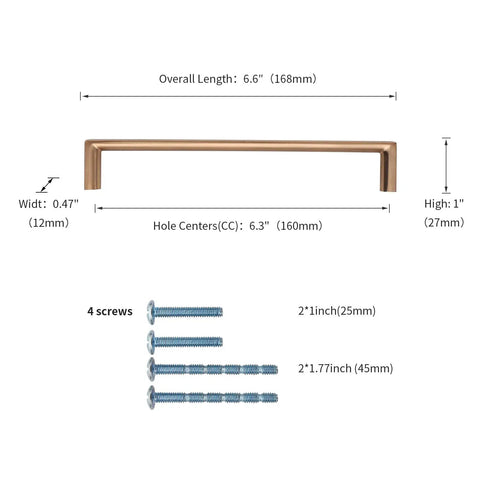 10 Pack 6.3 Inch Square Cabinet Pulls in Champagne Bronze Gold Finish with screws and dimensions shown for installation