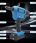 20V Cordless Electric Rivet Gun Tool Free Head Swap One Touch Power with rubber-coated handle and LED light features.