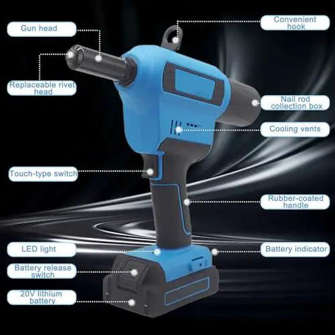 20V Cordless Electric Rivet Gun Tool Free Head Swap One Touch Power with rubber-coated handle and LED light features.