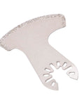 Close-up of a semi-circle finger segment oscillating saw blade for grout, ceramics, and masonry with grit texture for multitool use.
