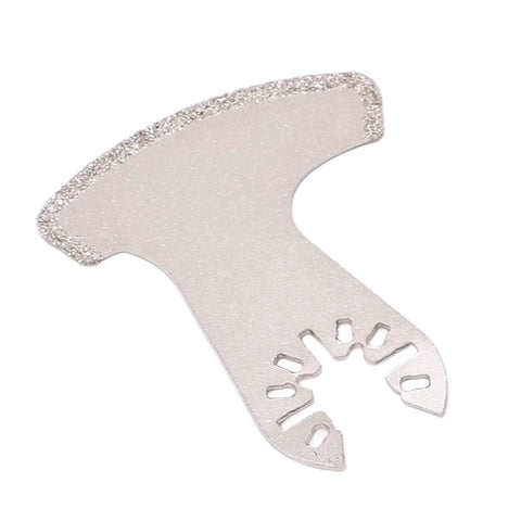 Close-up of a semi-circle finger segment oscillating saw blade for grout, ceramics, and masonry with grit texture for multitool use.