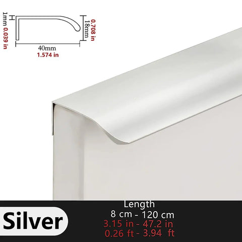 Hidden Aluminum Cabinet Handles For Doors And Drawers, silver, 47.24 inch length, top view with smooth edges and pre-drilled installation.