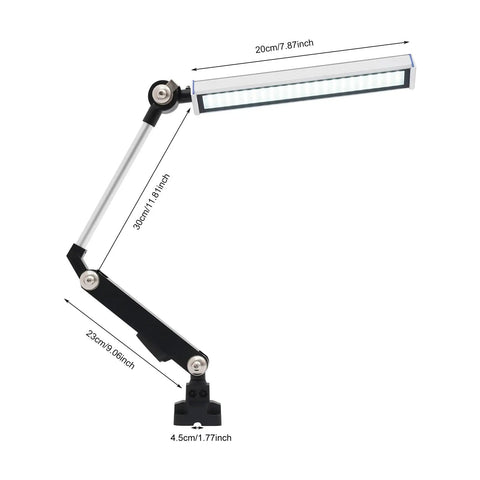Heavy Duty 110V 16W LED Machine Work Light featuring adjustable arm and focus beam, dimensions include 20cm lamp length.