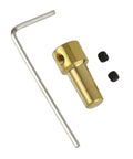 Brass collet sleeve adapter for drills; includes two small black set screws and an L-shaped hex key (front view).