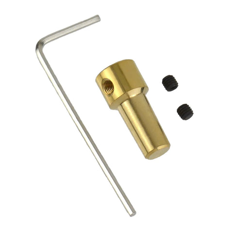 Brass collet sleeve adapter for drills; includes two small black set screws and an L-shaped hex key (front view).