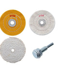 Get These 4 Inch 4 Pack Cotton Buffing Wheels For Your Electric Drill To Shine Stainless Steel Aluminum And Jewelry Fast Without Scratches, featuring yellow and white wheels.