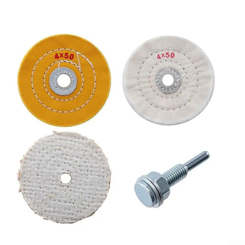 Get These 4 Inch 4 Pack Cotton Buffing Wheels For Your Electric Drill To Shine Stainless Steel Aluminum And Jewelry Fast Without Scratches, featuring yellow and white wheels.